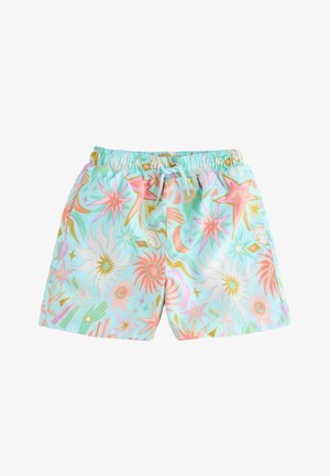 Jasnoniebieskie szorty kąpielowe z elastycznym pasem i sznurkiem, z kolorowym wzorem słońca, gwiazdy i dłoni w odcieniach różu, pomarańczy i złota.