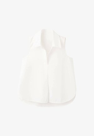Blouse blanche sans manches avec col pointu, tissu lisse et coupe décontractée avec un ourlet arrondi. Aucun motif ni élément métallique visible.