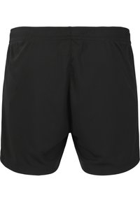 Släta svarta träningsshorts med elastiskt midjeband, sedd bakifrån mot en vit bakgrund.