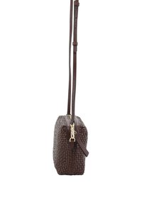 Brown woven leather crossbody bag with a rectangular shape, zip closure, and adjustable strap. Features textured surface and gold hardware.
