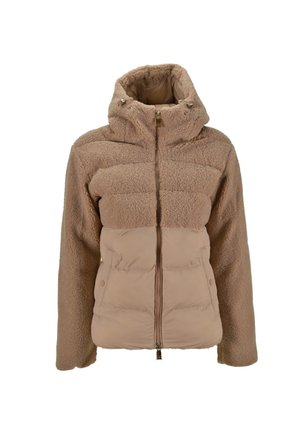 Giacca beige bicolore con una sezione superiore pelosa e un pannello inferiore liscio, dotata di cappuccio, chiusura con zip e tasche laterali.