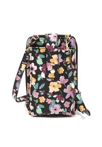 Černá květinová crossbody taška s fialovými, žlutými a zelenými květinami, zlatou kovovou sponou, předním zapínáním na klip a nastavitelným ramenním popruhem.