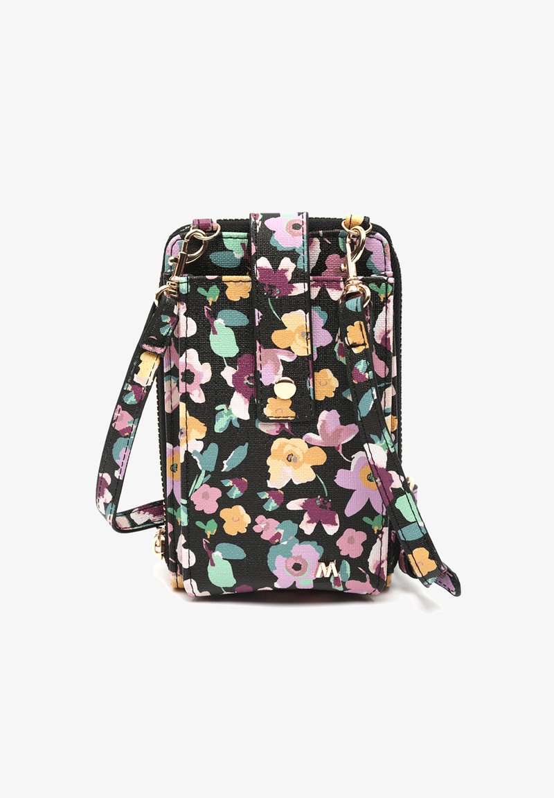 Borsa a tracolla nera con fiori viola, gialli e verdi, hardware dorato, chiusura a scatto frontale e tracolla regolabile.