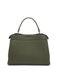 Borsa a mano in pelle verde oliva con un design strutturato, manico superiore e dettagli delle cuciture sottili. Texture liscia, accenti hardware minimi.