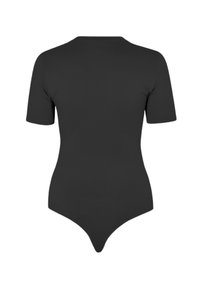 Schwarzer Kurzarm-Body mit rundem Ausschnitt und hochgeschnittenen Beinausschnitten, von hinten vor weißem Hintergrund gezeigt.