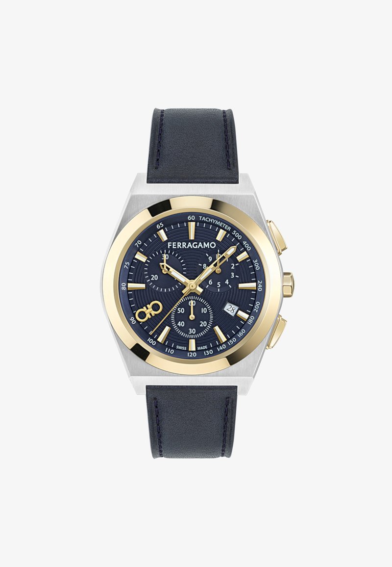 Kronográf óra sötétkék számlappal, arany tónusú részletekkel, rozsdamentes acél házzal és sötétkék bőrszíjjal. Három segédszámlappal és dátumkijelzővel rendelkezik.