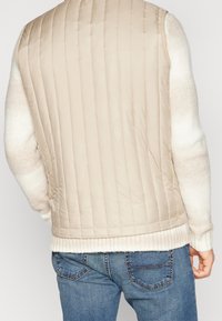 Man med beigem quiltat väst över en vit stickad tröja och blå jeans, sedd bakifrån mot en enkel bakgrund.