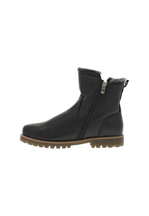 Black leather ankle boots with a soft gray lining, side zip, and textured rubber sole featuring a rugged pattern for grip.