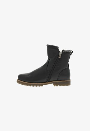 Bottes de cheville en cuir noir avec une doublure douce grise, fermeture éclair sur le côté, et semelle en caoutchouc texturée présentant un motif robuste pour une meilleure adhérence.