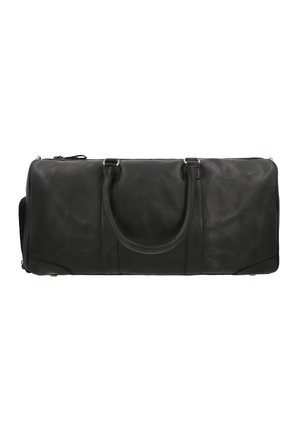 Schwarze Leder-Duffle-Tasche mit doppelten Griffen, Reißverschluss, glatter Textur und metallischen Akzenten. Verfügt über einen runden Boden und genähte Details.