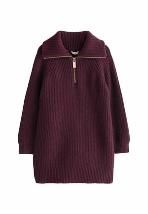 Bordeaux gebreide sweaterdress met een brede kraag en een rits aan de voorkant. Heeft een geribbelde textuur en lange mouwen voor een relaxte pasvorm.