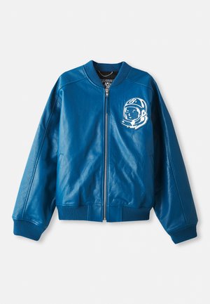 Blue leather bomber jacket with a ribbed collar, mesh accents on the sleeves, and a white astronaut graphic on the chest. Zipper closure.