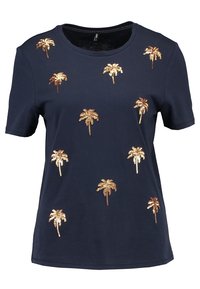 Námořnická modrá tričko s krátkým rukávem vyrobené z bavlny, s kovovými zlatými a bronzovými flitry ve tvaru palmových stromů rozptýlenými po přední straně.