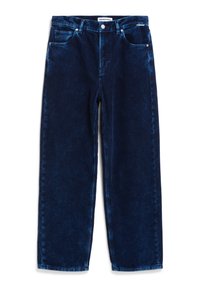 Marinblå kordflöjl vida byxor med fem fickor, metallinredning och synlig ribbad textur i hela tyget.