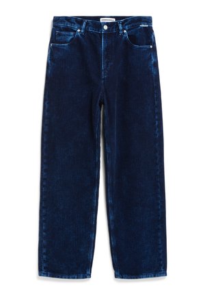 Pantaloni a palazzo in corduroy blu navy con cinque tasche, rifiniture in metallo e texture a riblesso visibile su tutta la stoffa.