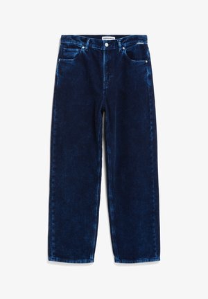 Navyblå kabelgrønne viddebukser med fem lommer, metalhardware og synlig ribbet tekstur i hele stoffet.