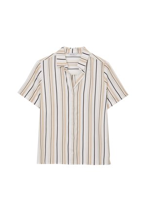 Chemise à manches courtes avec des rayures verticales beiges, blanches et noires et un col, présentée sur un fond blanc.