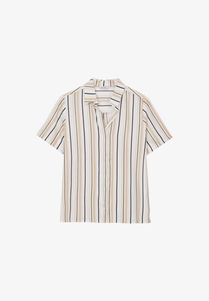 Chemise à manches courtes avec des rayures verticales beiges, blanches et noires et un col, présentée sur un fond blanc.