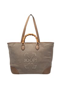 Borsa a tracolla in tela beige con dettagli in pelle marrone, manico in bambù e logo in rilievo. Presenta due manici robusti e un design spazioso.