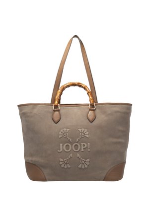 Sac fourre-tout en toile beige avec des accents en cuir brun, une poignée en bambou et un logo en relief. Il dispose de deux poignées solides et d'un design spacieux.