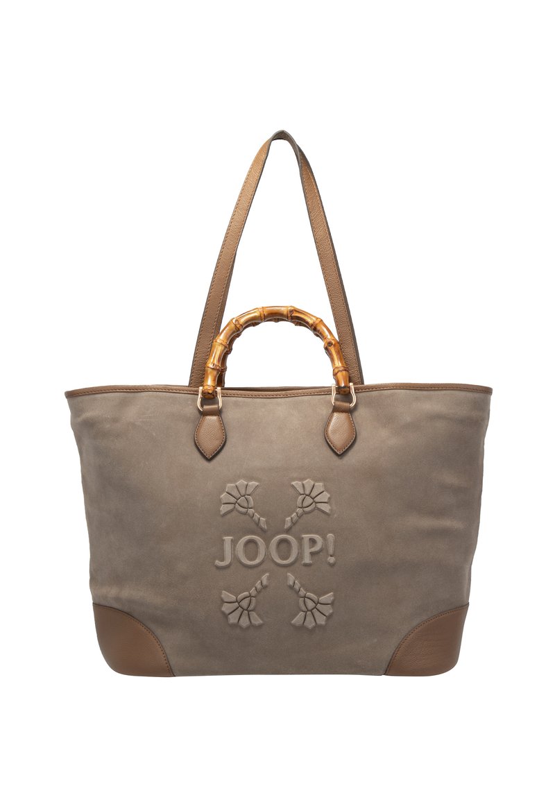Borsa a tracolla in tela beige con dettagli in pelle marrone, manico in bambù e logo in rilievo. Presenta due manici robusti e un design spazioso.