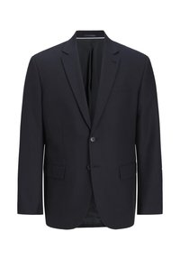 Navyblazer aus glattem Stoff, mit Spitzenrevers, zwei Knöpfen, einer einzelnen Brusttasche und zwei Seitentaschen.