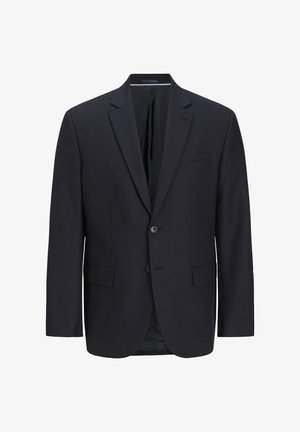 Blazer navy de tejido suave, con solapa muesca, dos botones, un bolsillo en el pecho y dos bolsillos laterales.