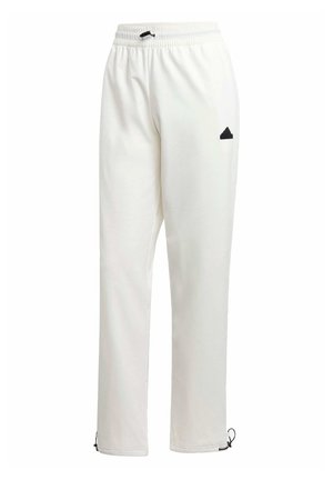Pantalons de sport blancs avec taille élastique, cordon de serrage réglable et détail de logo noir. Tissu lisse et design à jambes droites.