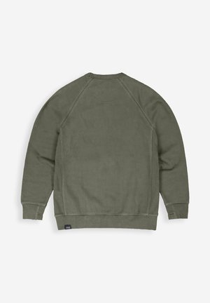 Olijfgroene sweatshirt met raglanmouwen, zachte textuur, geribbelde manchetten en zoom, effen ontwerp, klein logolabel aan de onderzijde links.