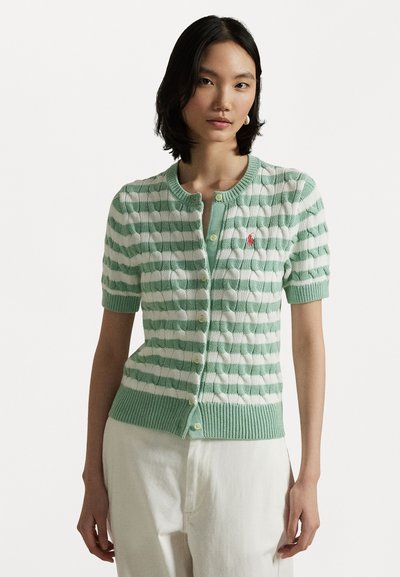 Polo Ralph Lauren STRIPED CABLE KNIT SHORT SLEEVE CARDIGAN - Cardigan - celadon heather