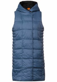 Vadderad ärmlös väst i marinblått med huva, med ett quiltat mönster, slät textur och en framficklock.