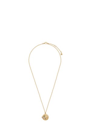 Gold-tone necklace features a delicate chain and a round locket pendant with floral detailing. Adjustable clasp for personalized length.