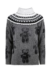 Gray wool sweater with a high collar, featuring a black and white patterned yoke and subtle bear silhouettes throughout the fabric.