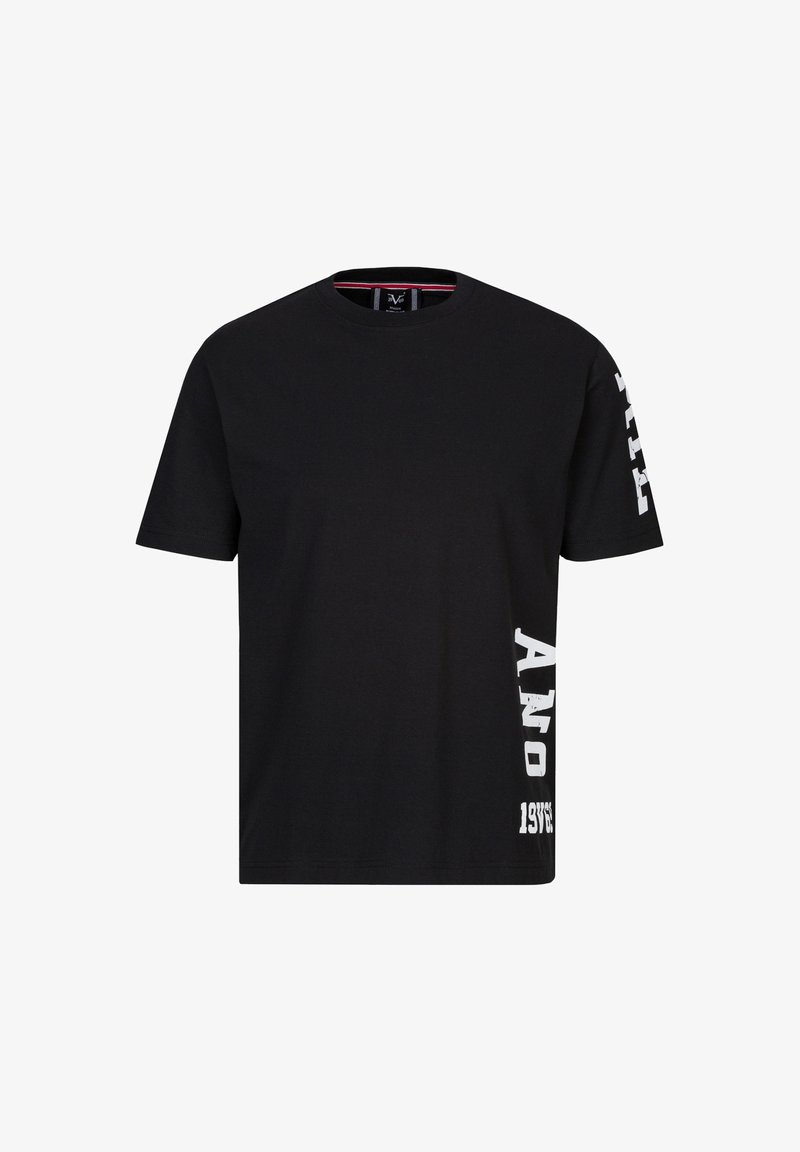 Schwarzes Baumwoll-T-Shirt mit Rundhalsausschnitt, kurzen Ärmeln und einem weißen Druckdesign auf der linken Seite und dem Ärmel. Glatte Textur, lässige Passform.