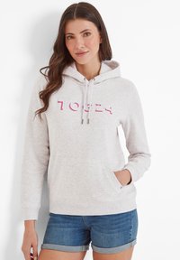 Light gray hoodie with pink "TOG24" print, adjustable drawstring, kangaroo pocket, and ribbed cuffs. Casual fit, textured fabric.