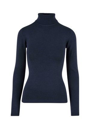 Pulover de culoare albastru marin, cu guler înalt, fabricat dintr-un material tricotat fin. Prezintă mâneci lungi, un guler țesut și o siluetă ajustată. Textură netedă.