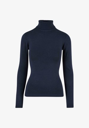 Maglione a collo alto blu navy realizzato in tessuto fine. Dotato di maniche lunghe, colletto a costine e silhouette aderente. Texture liscia.