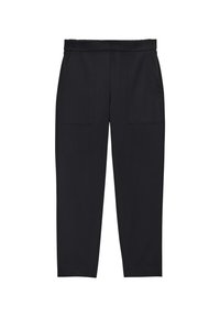 Pantalon noir avec une taille élastique, deux poches avant, des jambes fuselées, et une texture lisse. Design simple sans motifs visibles.