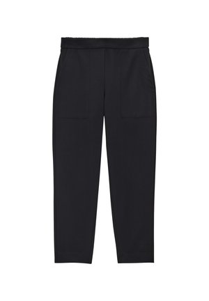 Black trousers with an elastic waistband, two front pockets, tapered legs, and a smooth texture. Simple design with no visible patterns.
