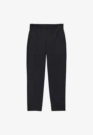 Black trousers with an elastic waistband, two front pockets, tapered legs, and a smooth texture. Simple design with no visible patterns.