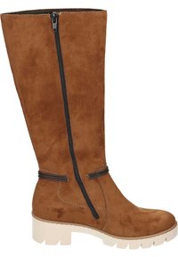 Brown suede knee-high boot with a side zipper, chunky cream sole, and contrasting stitching detail on the shaft.