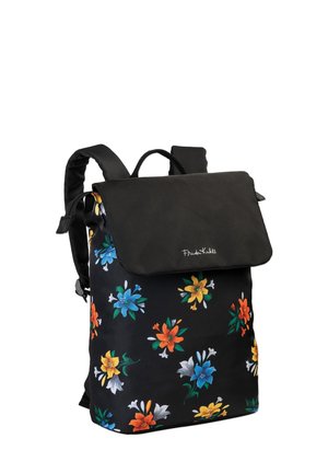 Schwarzer Rucksack mit wasserdichtem oberen Klappen. Verfügt über farbenfrohe Blumenmuster in Blau, Orange und Gelb. Verstellbare Träger und Griff.