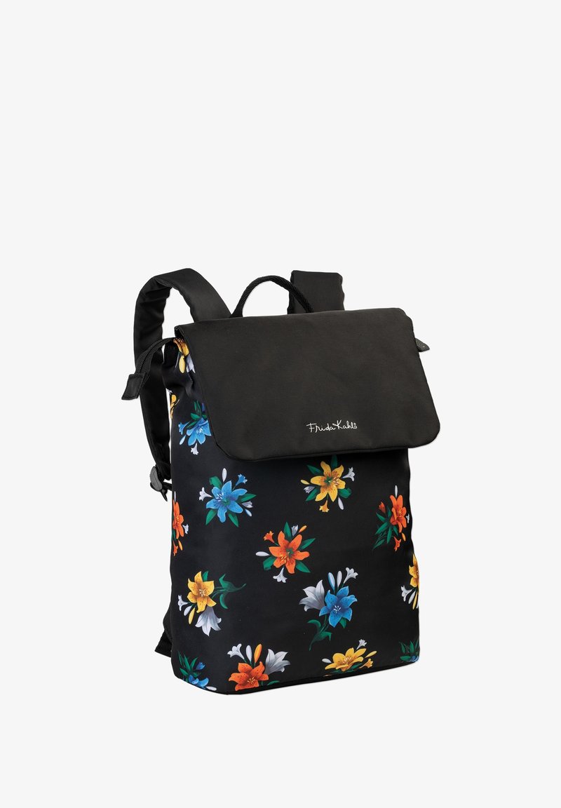 Black floral backpack with a waterproof top flap. Features colorful flower patterns in blue, orange, and yellow. Adjustable straps and handle.