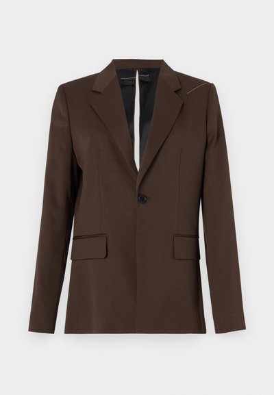 Brown blazer with a notched collar, single button closure, two front pockets, and a subtle stitched detail on the shoulder. Smooth fabric texture.