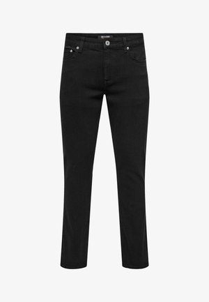 Melnas džinsa bikses ar klasisku piecu kabatu dizainu, pogas aizdari, taisnu piegriezumu un smalku tekstūru. Nav redzamu logotipu vai rakstu.