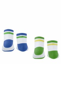 Gestreifte Baumwollsocken in Blau und Grün mit weißen Akzenten. Verfügen über einen gerippten Bund und ein Farbblockdesign an den Zehen.
