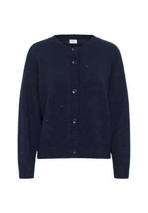 Marineblauwe gebreide cardigan met lange mouwen, ronde halslijn, geribde manchetten en zoom, knoopsluiting aan de voorkant met vijf knopen.