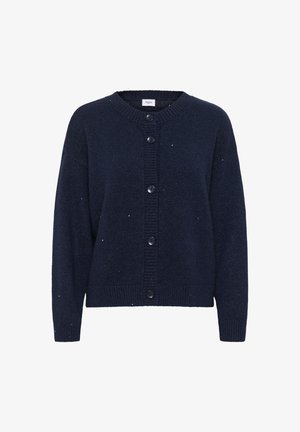 Tumed sinine kudum kardigan, pikkade varrukatega, ümmargune kaelus, soonikkoes cuffs ja hem, viie nööbiga nööpide esikinnitus.