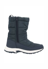 Botte d'hiver matelassée bleu marine avec fermeture éclair latérale, bord rembourré et semelle en caoutchouc blanc. Caractéristiques d'un dessus texturé et d'une conception durable.