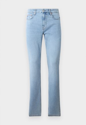 Light blue denim flared jeans with a mid-rise waist, five pockets, and contrasting stitching. Smooth texture with a classic fit.
